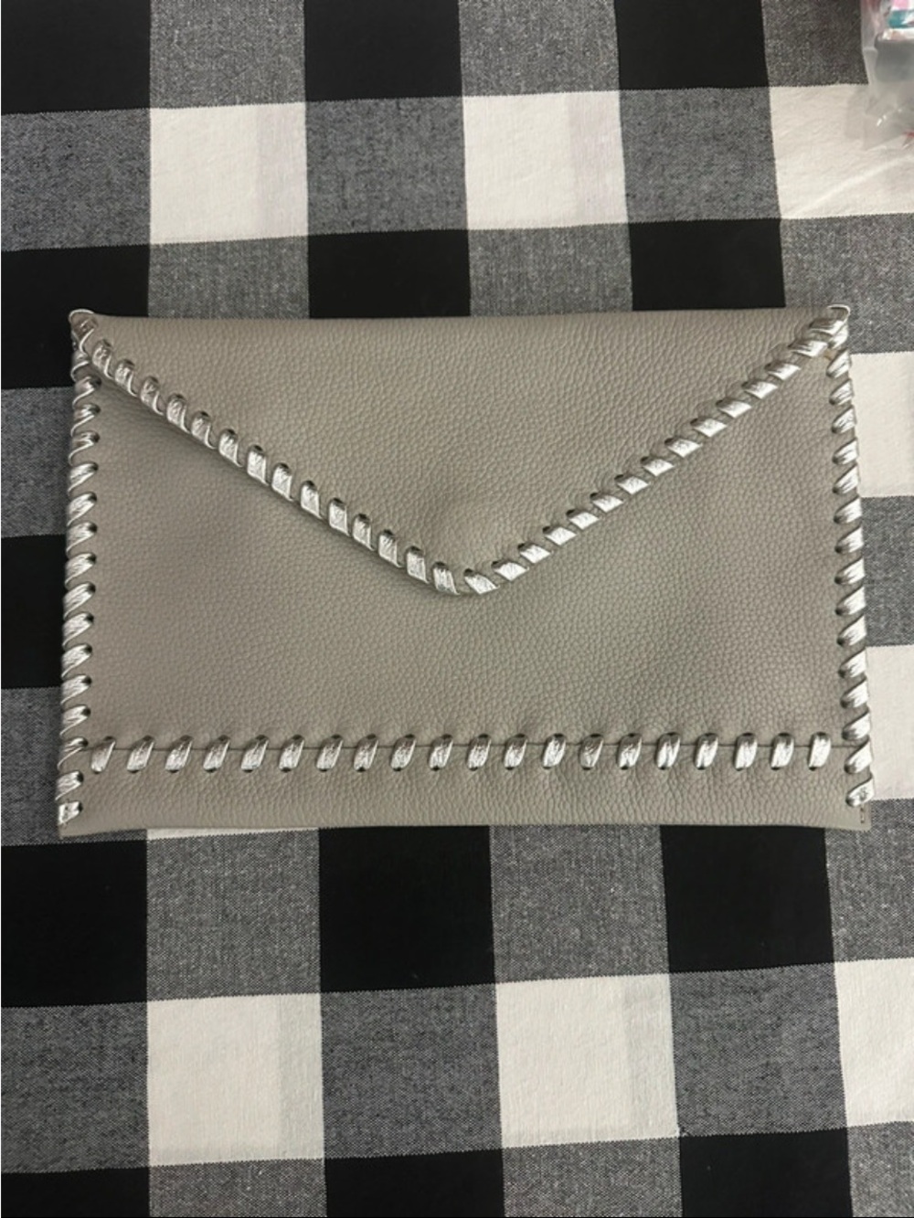 Laggo Pebbled Gray Envelope Clutch with Silver Whipstitch Trim
